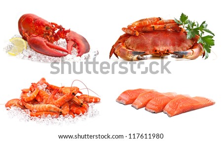 Set of sea food on a white background. Crab, shrimps, lobster, salmon.