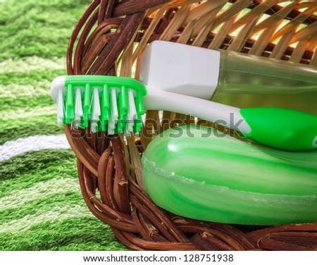 Toothbrush and soap. Set for hygiene.
