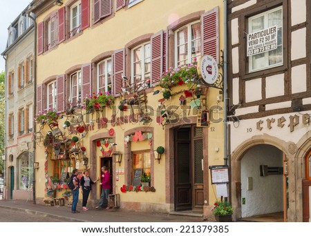 Colmar, France - 18 August, 2014: Outdoor Decor gift shop. Colmar is the most popular tourist destination in France, founded in the 9th century.