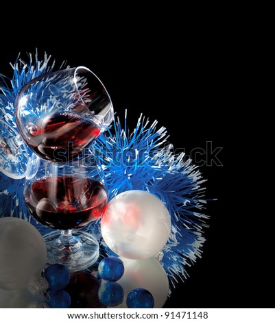 Glasses of wine, tangerine and chocolate and Santa Claus hat on a black background
