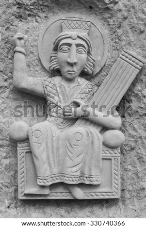 David the Psalmist. Stone carving in the old Russian style. It is not subject to copyright
