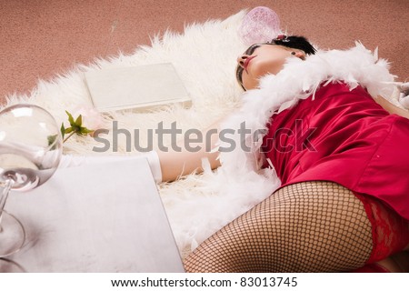 Crime scene in a retro style. Dead woman lying on the floor
