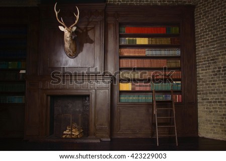 Classical library room with old books on shelves in the victorian style