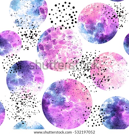 Seamless Pattern of Watercolor Violet and Pink Circles and Black Dots