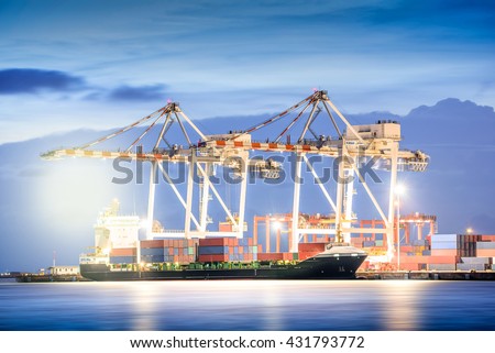 Cargo ship in the Trade Port, Shipping, Logistics, Transportation Systems, Container Cargo freight ship with working crane bridge in shipyard at twilight sky, Logistic Import Export background.