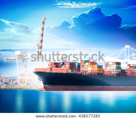 Container Cargo Ship with working crane bridge in shipyard background, Freight Transportation, Logistic Import Export background.