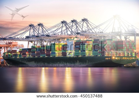 Logistics and transportation Container Cargo ship and Cargo plane with working crane bridge in shipyard background, logistic import export background and transport industry.
