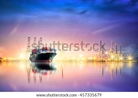 Logistics and transportation of Container Cargo ship and Cargo plane with working crane bridge in harbor at Twilight sky, logistic import export background and transport industry