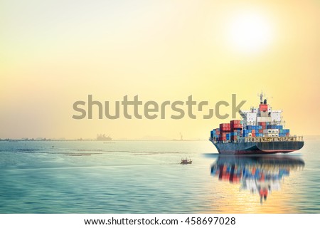 Logistics and transportation of International Container Cargo ship in the ocean at sunset time, Freight Transportation, Shipping, Nautical Vessel