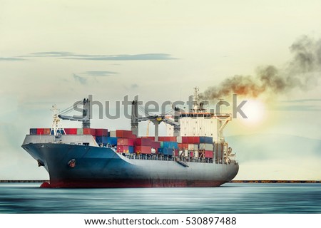 International Container Cargo ship in the ocean as sunset sky, Freight Transportation, Shipping