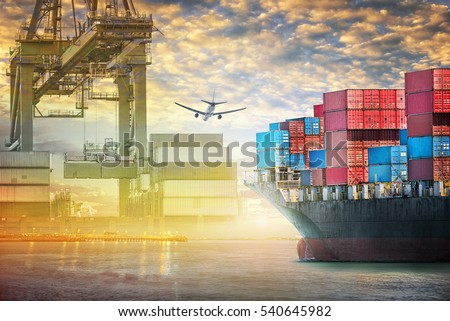 Container cargo ship and cargo plane with port crane bridge in harbor at sunset sky, Freight Transportation, Shipping