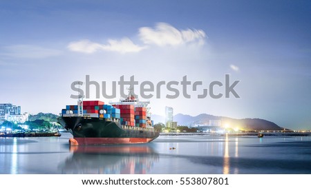 Logistics and transportation of International Container Cargo ship in the ocean at night sky, Freight Transportation, Shipping