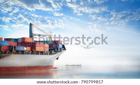 Logistics and transportation of International Container Cargo ship and cargo plane in the ocean at Sunset sky, Freight Transportation, Shipping