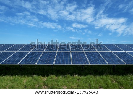 Solar Panels towards a blue sky and green grass with lot of copy space