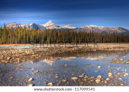 Canadian Rockies Reflection on Athabasca River, Icefield Parkway, Jasper, Canada