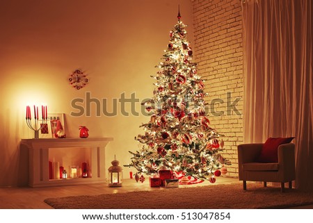 Feast of the Nativity. Beautifully decorated house with a tree and presents at Christmas
