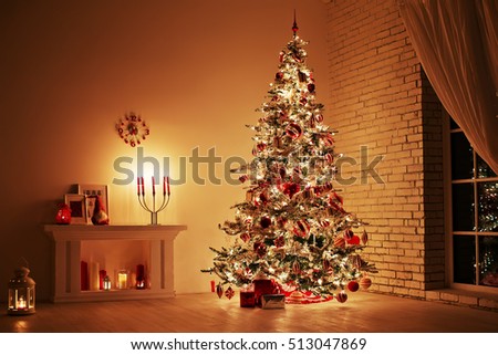 Feast of the Nativity. Beautifully decorated house with a tree and presents at Christmas