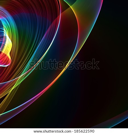 A digitally created rainbow ribbon abstract shape flowing on a black background.