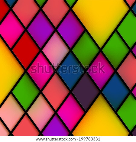 Digitally created colourful stained glass diamond background pattern.