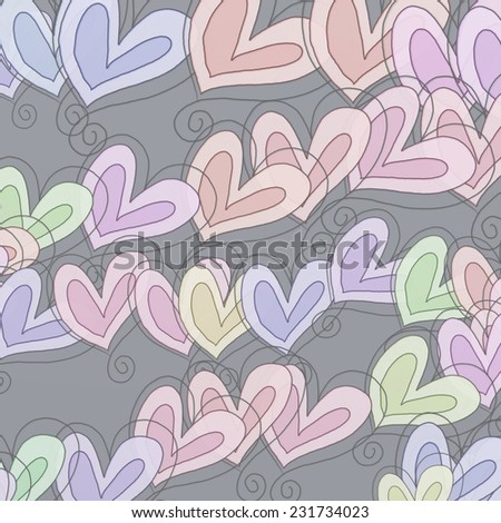 A digitally created abstract pattern made up of hand drawn whimsical love heart shapes.