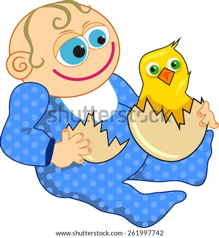 Cartoon illustration of a baby boy holding and egg with an hatching chick.