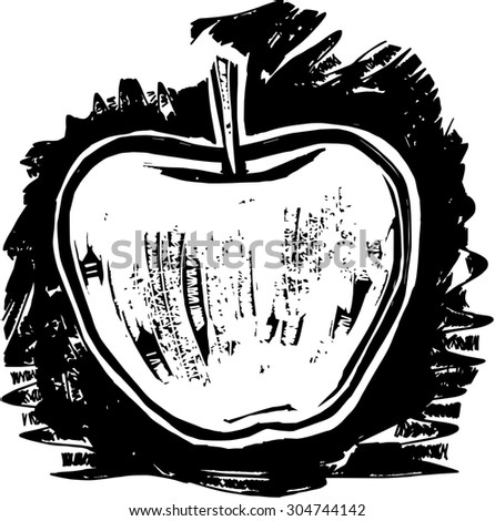 A black and white woodcut style drawing of a apple.