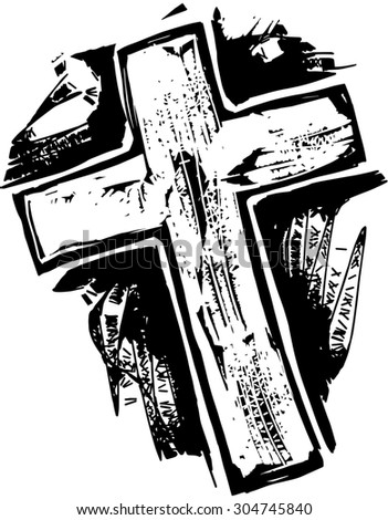 A black and white woodcut style drawing of a wooden cross.