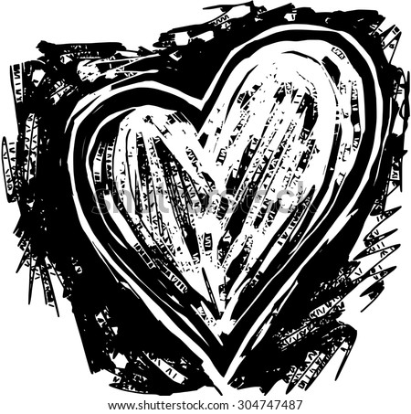 A black and white woodcut style drawing of a love heart shape.
