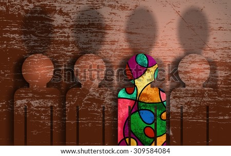 A grunge textured digital illustration of a group of people blending in with the background, whilst one person dares to be different and stand out.