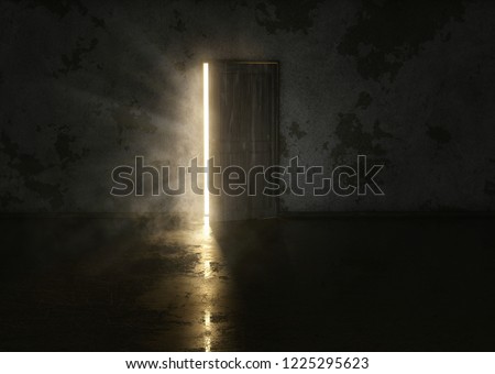 Mysterious door in dark room (3D Rendering)