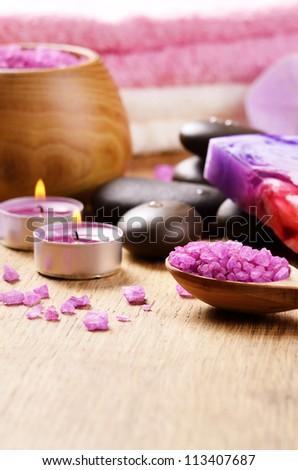 Spa lavender salt set on the wooden table with copy-space