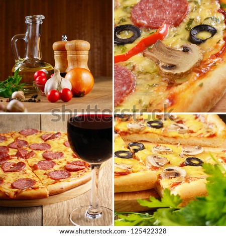 Pepperoni pizza with ingredients and wineglass set