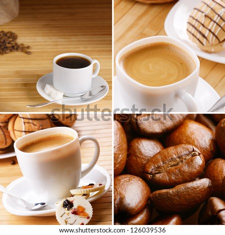 Coffee cup, beans and sack on the wooden table set