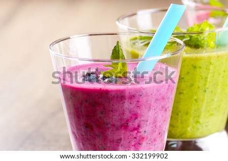 Healthy shakes on wooden table. Smoothie concept