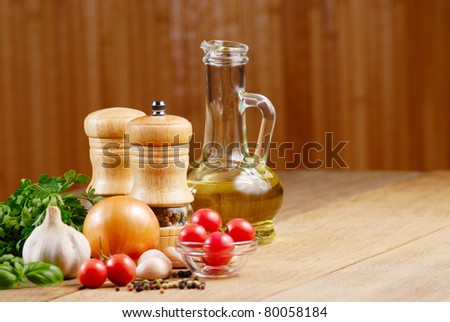 Food ingredients on the oak table closeup shot