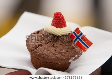 A cupcake  with Norwegian flag vanilla cream and fresh organic raspberry. Celebration of May 17th in Oslo, Norway. Happy holidays with family. National day in Scandinavia.