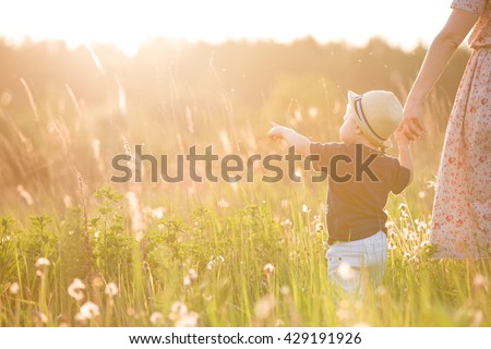 Back view on a cute little toddler boy in a straw hat holding his mother\'s hand and pointing into distance. Adorable child walking with his mom in the park on a sunny summer day. Family on sunset