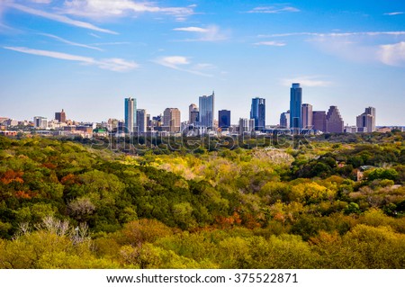 Austin Texas Autumn Greenbelt Overlook Skyline View Cityscape perfect timing as the leaves change to brightly colored yellows and oranges and all shades of green. Closer Deep Texas HIlls