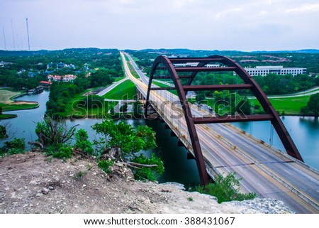 Austin Texas traffic Suspension Bridge Landmark 360 Bridge or Penny backer Bridge built in 1984 this amazing rusty bridge spans across the colorado river