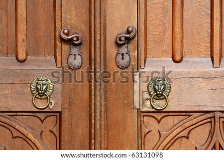 Wooden door with metal knockers