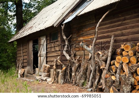 wooden house in the forest with woodpile in front