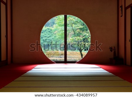 View from the round window at Meigetsuin temple in early autumn, Kamakura city, Japan