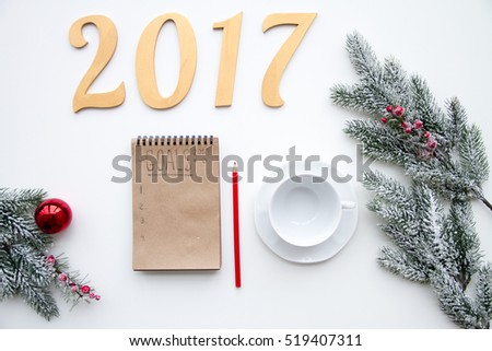 Plans for new year on white background top view
