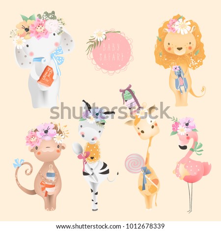 Safari baby animals collection. Elephant, lion, monkey, zebra, flamingo bird and giraffe with baby accessories, floral flower bouquet and tied bows