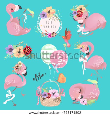 Cute flamingo pink baby princess exotic bird with crown, tied bow and flowers set, collection. Tropical flower bouquets and hummingbirds. Basket with balloons