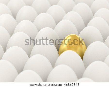 Golden egg among the white. 3d illustration. Focus on the golden egg.
