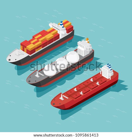 Isometric cargo ship container, oil tanker ship in the ocean transportation, shipping freight transportation. illustration vector