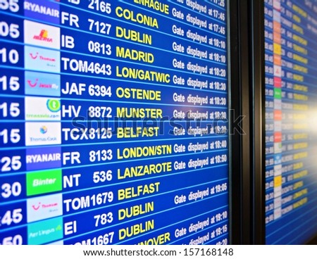 GRAN CANARIA - SEPTEMBER 28: Departures board in Gran Canaria Airport, on September 28, 2013 in Gran Canaria, Spain. Departures board that shows flights to European cities.