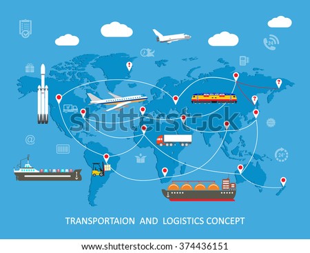 Logistics flat global transportation concept. Transportation over world map. Vector illustration