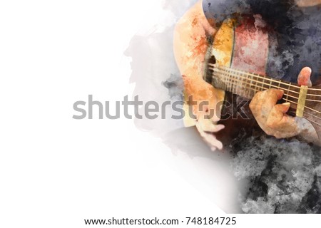 Abstract beautiful playing Guitar in the foreground on Watercolor painting background and Digital illustration brush to art.